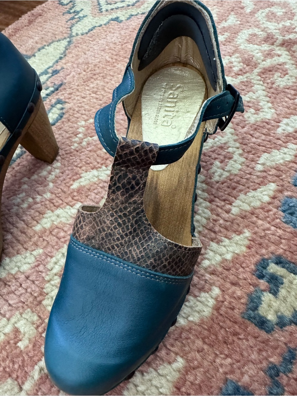Sanita The Original Danish Clog Vintage Green/ Teal Leather & Brown Accent